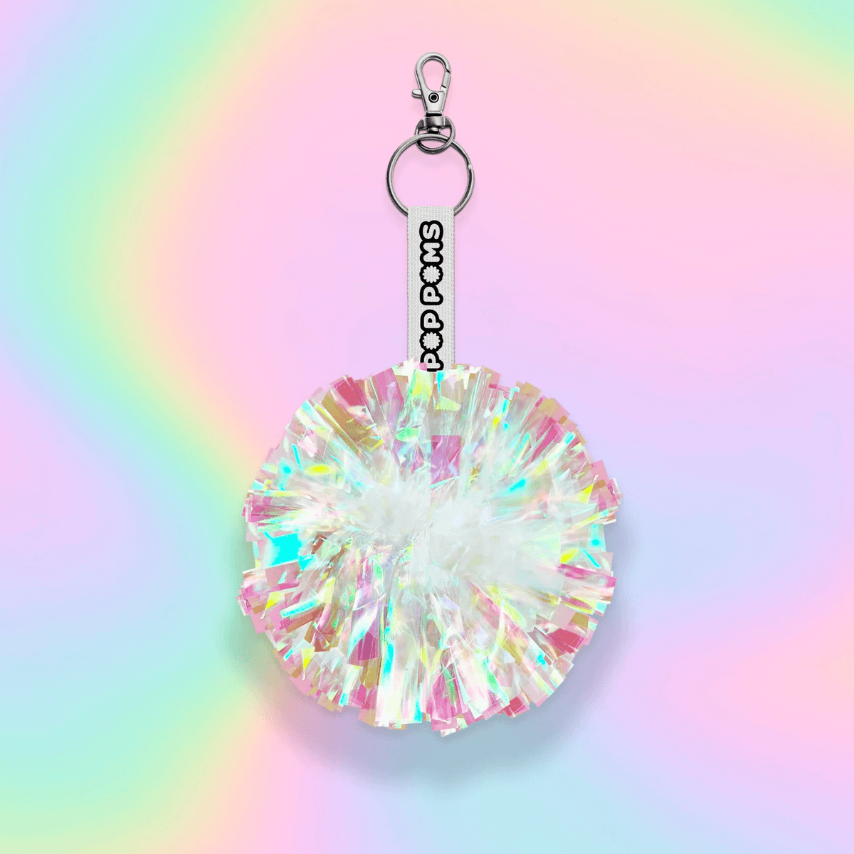 Crystal rainbow holographic pom pom avaimenperä